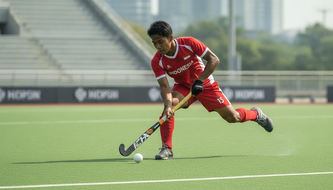 Pemain hockey Indonesia berjersey merah melaju mengejar bola di lapangan.